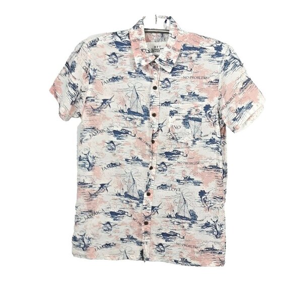 RFT Button Front Shirt Mens L Pink Blue Cotton Jamaica Marlin Ships One Love - Picture 6 of 6
